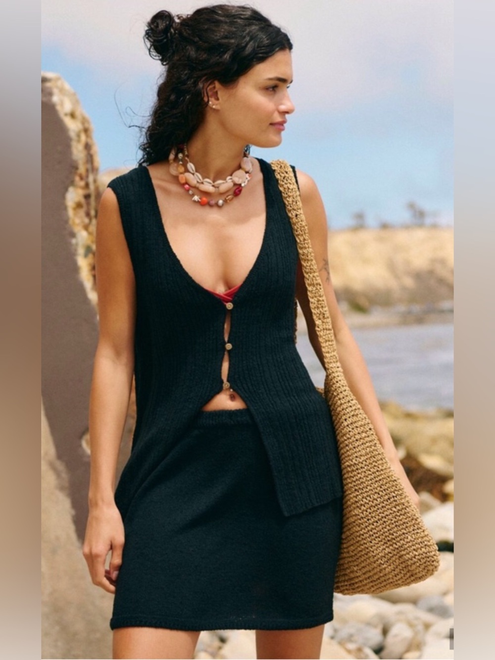 FREE PEOPLE FP Beach Rhea Skirt & Top Sweater Set in Black Sz M NWOT